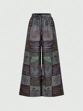 ROMWE Fairycore Boho Style Loose Women's Wide Leg Pants With Star, Moon And Plant Collage Print